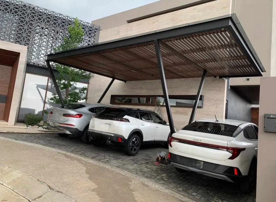 Carport doble de acero negro con celosía lateral y dos autos