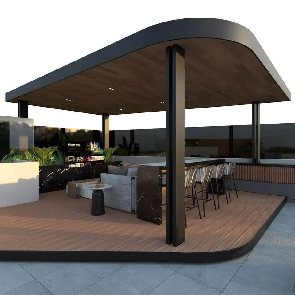 Render de una pérgola curva con bar y deck en un roof garden